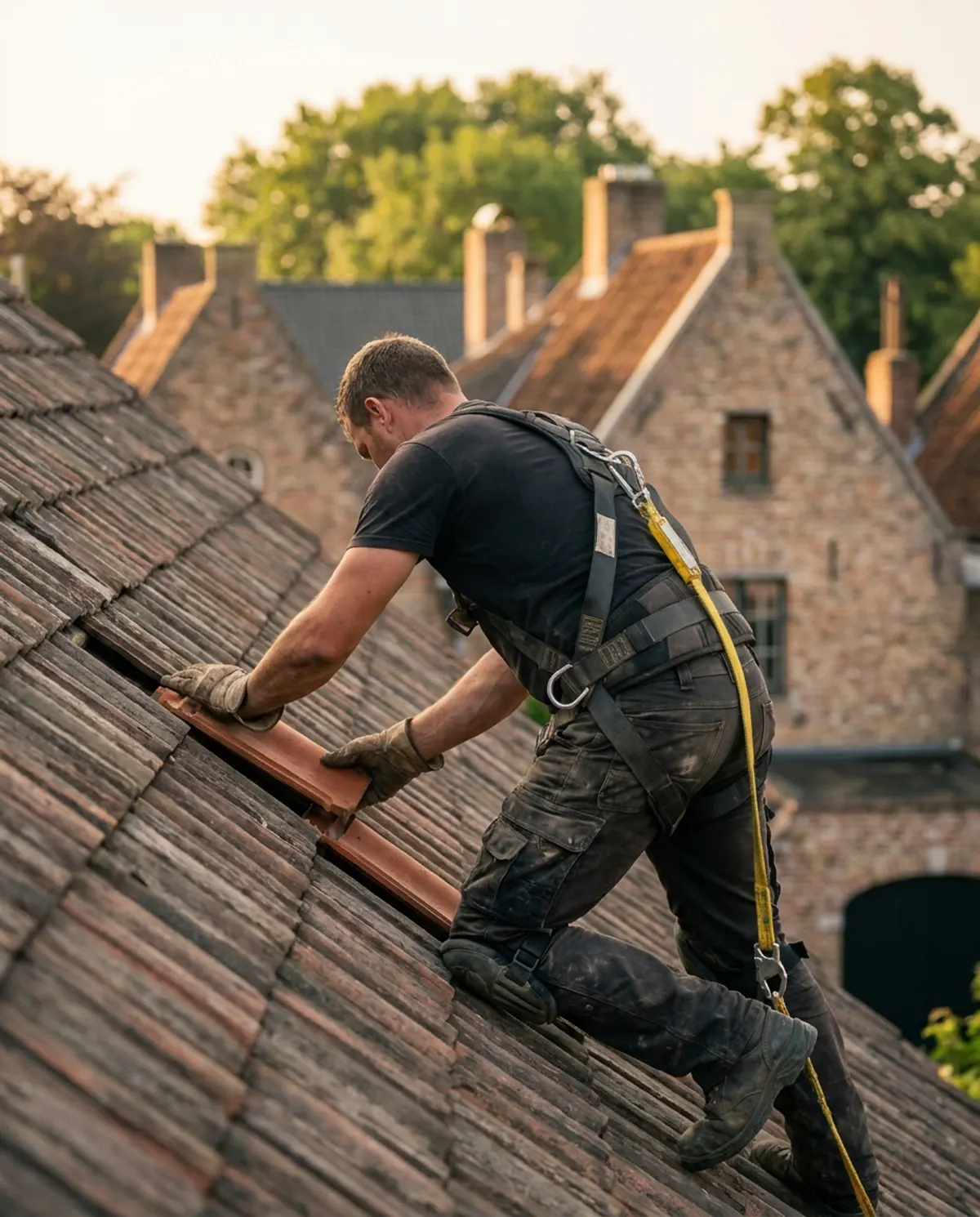Dakwerker met veiligheidsharnas legt een keramische pan op een hellend dak