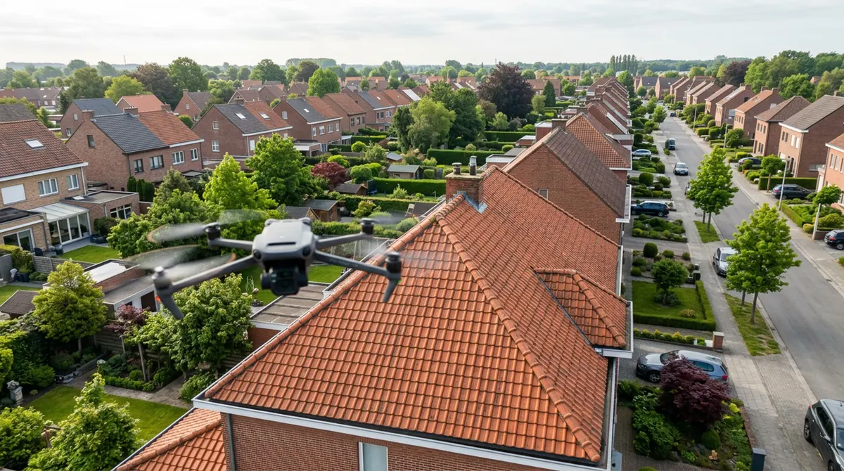 Luchtbeeld van pannendaken in een woonwijk, opgenomen met een drone