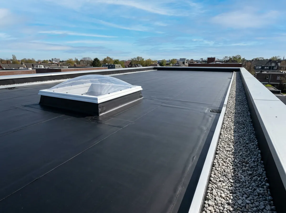 Plat dak afgewerkt met zwart EPDM-rubber, met een lichtkoepel en een grindrand