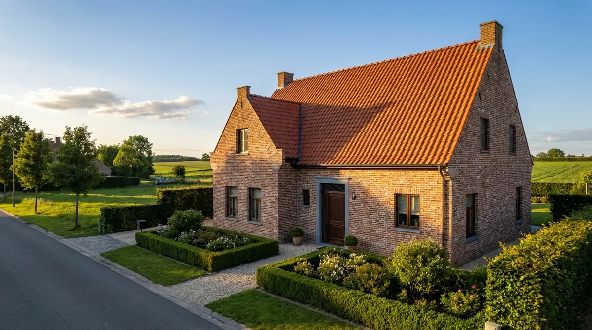 Vrijstaande bakstenen woning met een nieuw oranje pannendak in de avondzon