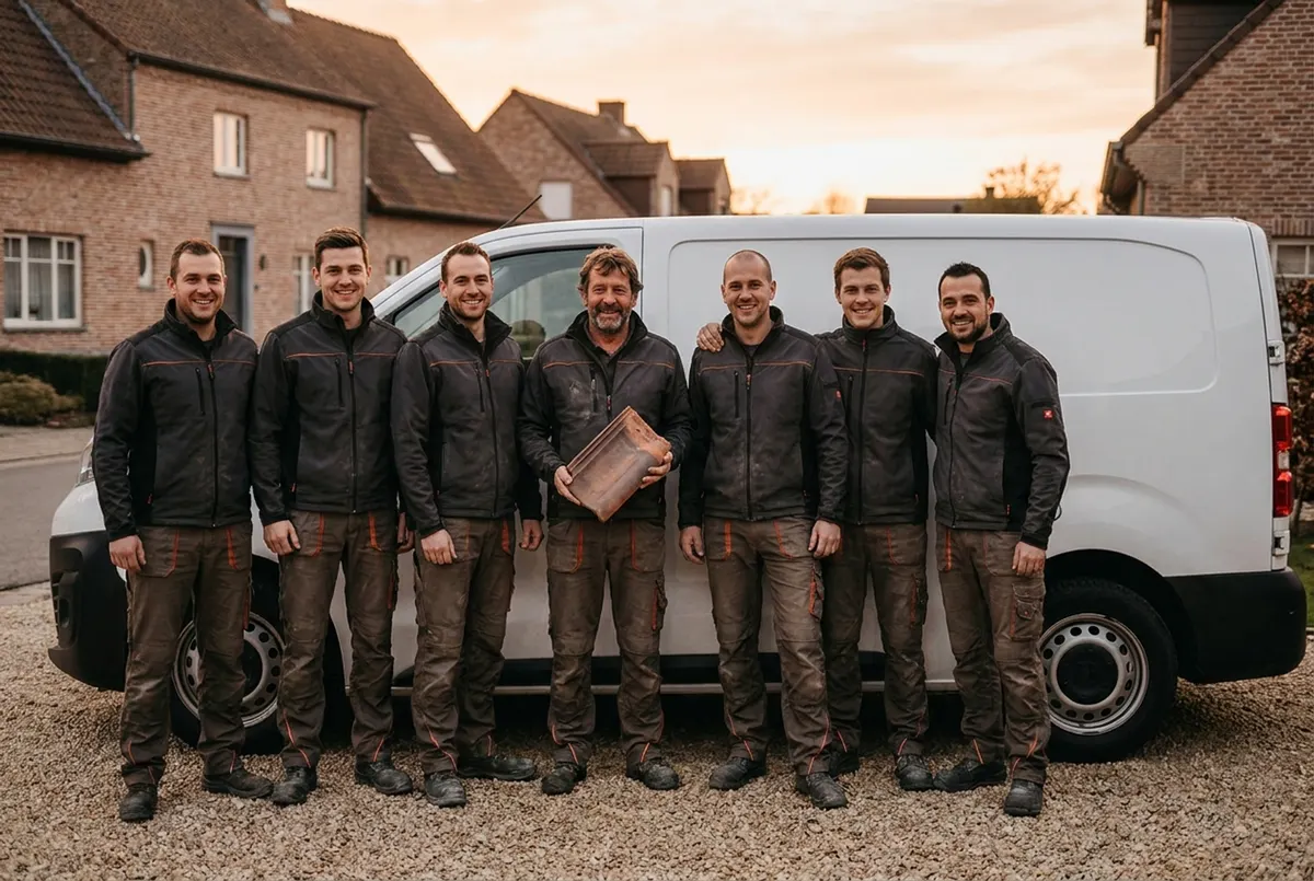 De ploeg van Dakwerken Claes voor de bestelwagen in het avondlicht