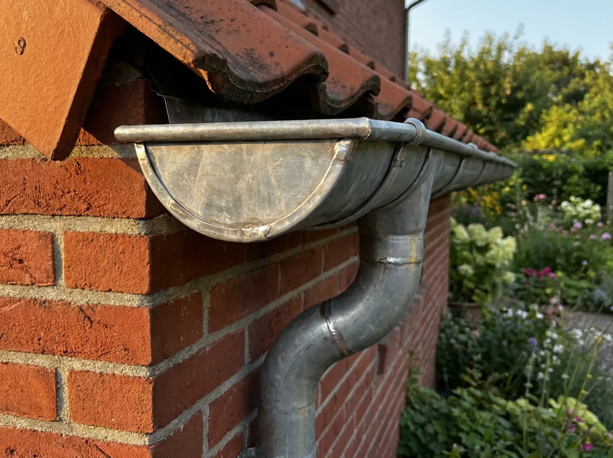 Nieuwe zinken dakgoot en afvoerbuis netjes gesoldeerd tegen een bakstenen gevel